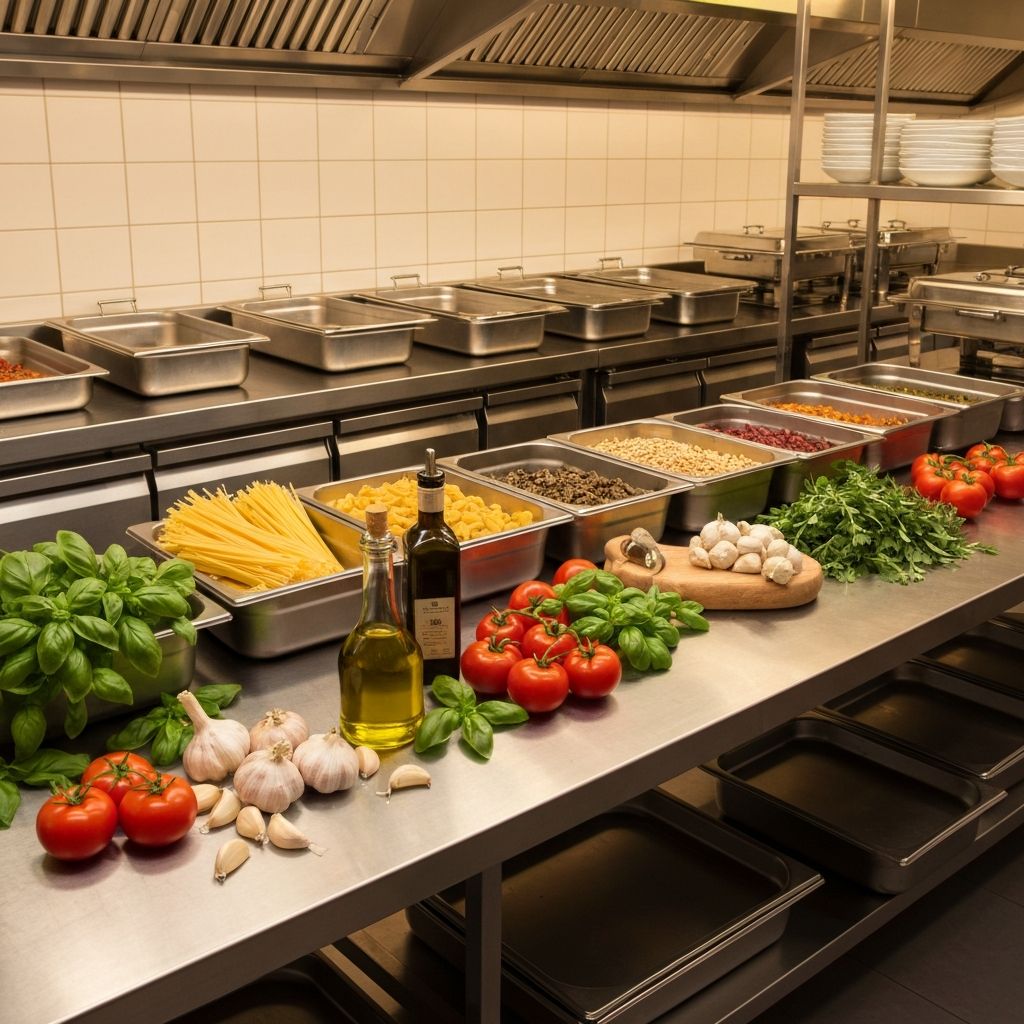 Fresh Italian Mediterranean ingredients and catering setup at Vizzini Catering Company kitchen